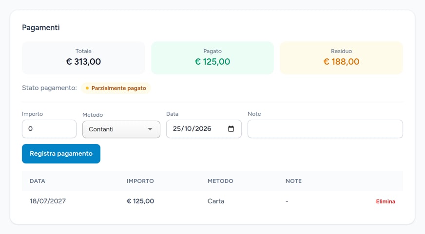 Sezione pagamenti di una prenotazione in Cloride: totale, pagato, residuo, stato "parzialmente pagato" e registro dei pagamenti